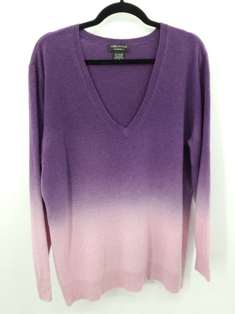 Lord & Taylor 100% Cashmere V-Neck Ombre Sweater M Pink/Purple
